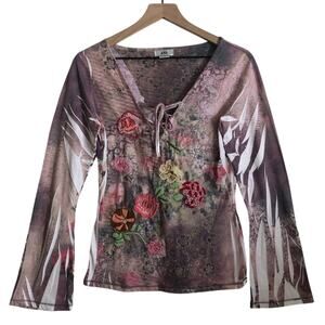 Goa Los Angeles Embroidered Bohemian Long Bell Sleeve V-Neck Blouse Shirt Top